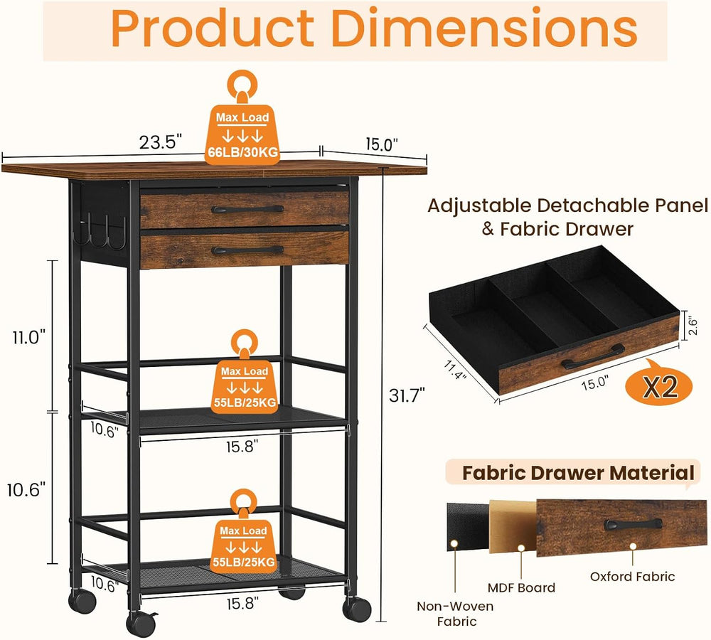 Snughome 5 Tier Rolling Coffee Cart with 2 Large Drawers & Removable Divi...