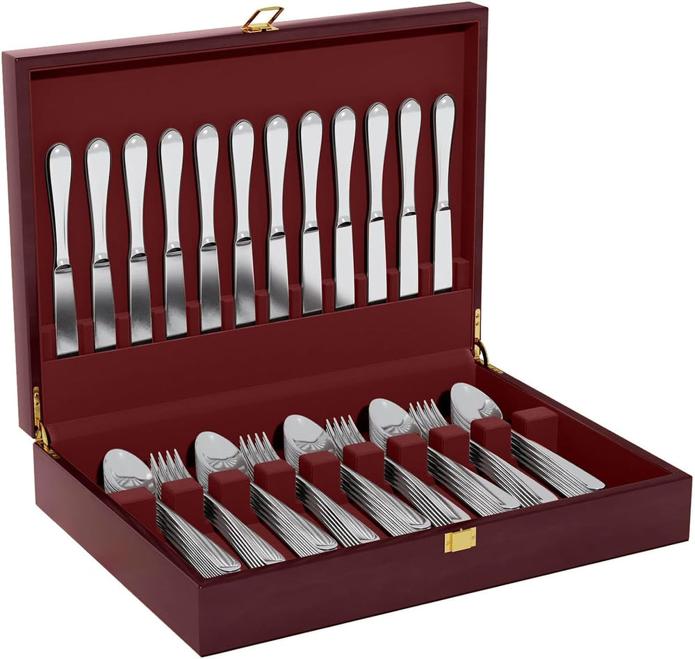 Wooden Silverware Storage Box With Lid, Cutlery Case With Handle & Felt L...