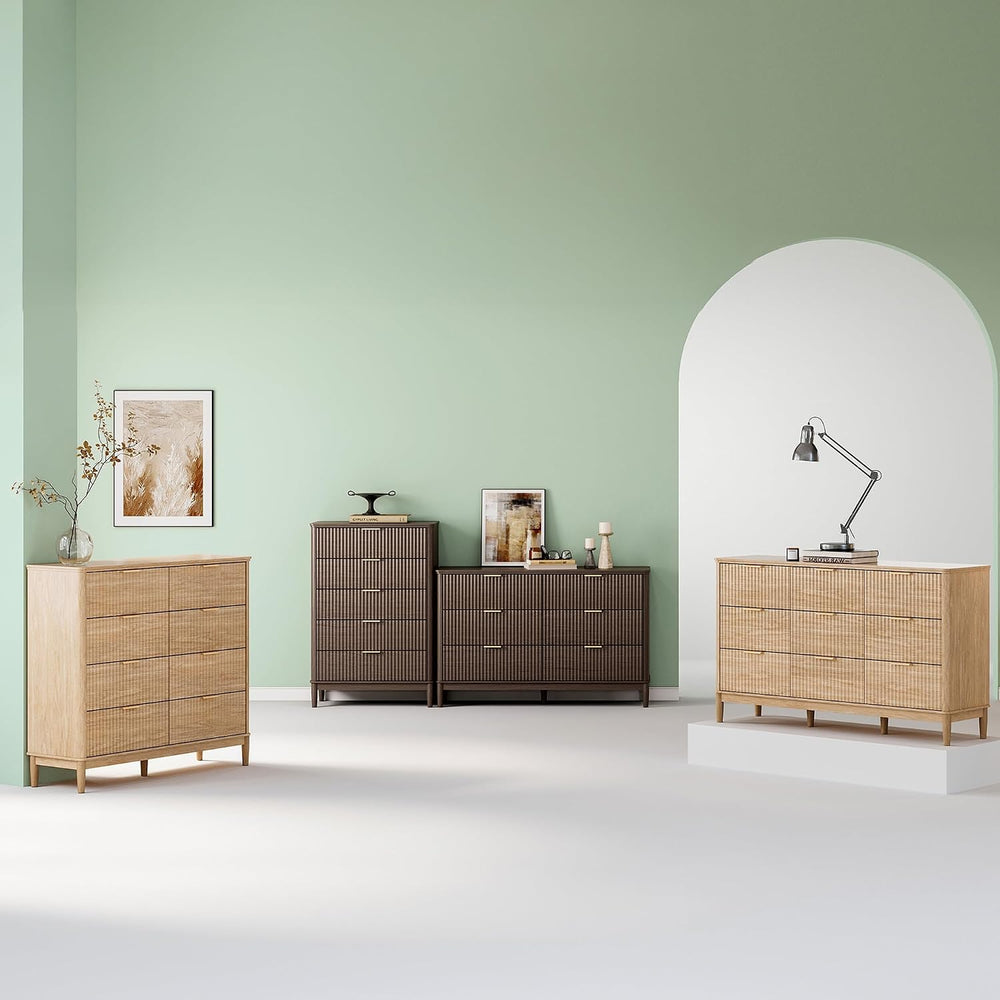 LINSY Fluted 9 Drawer Dresser for Bedroom, 58" Wide Mid-Century Modern T...