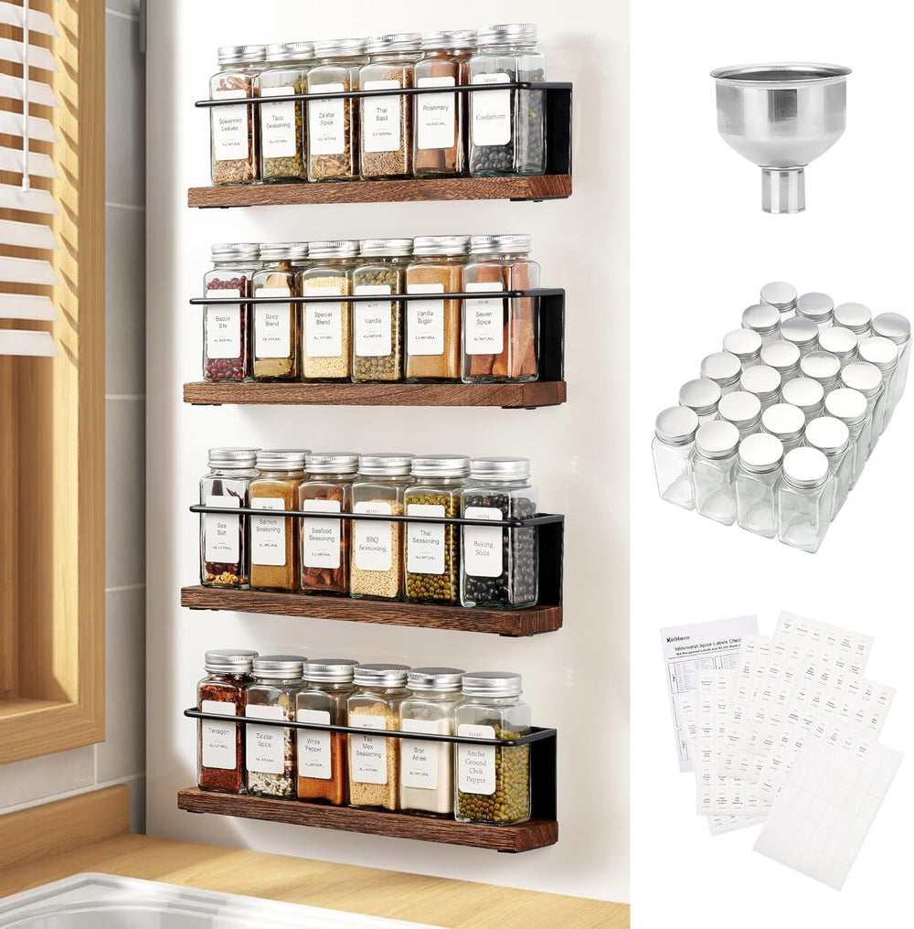 Magnetic Spice Rack with 24 Jars, 216 Labels, 1 Steel Funnel for Refrigerator...
