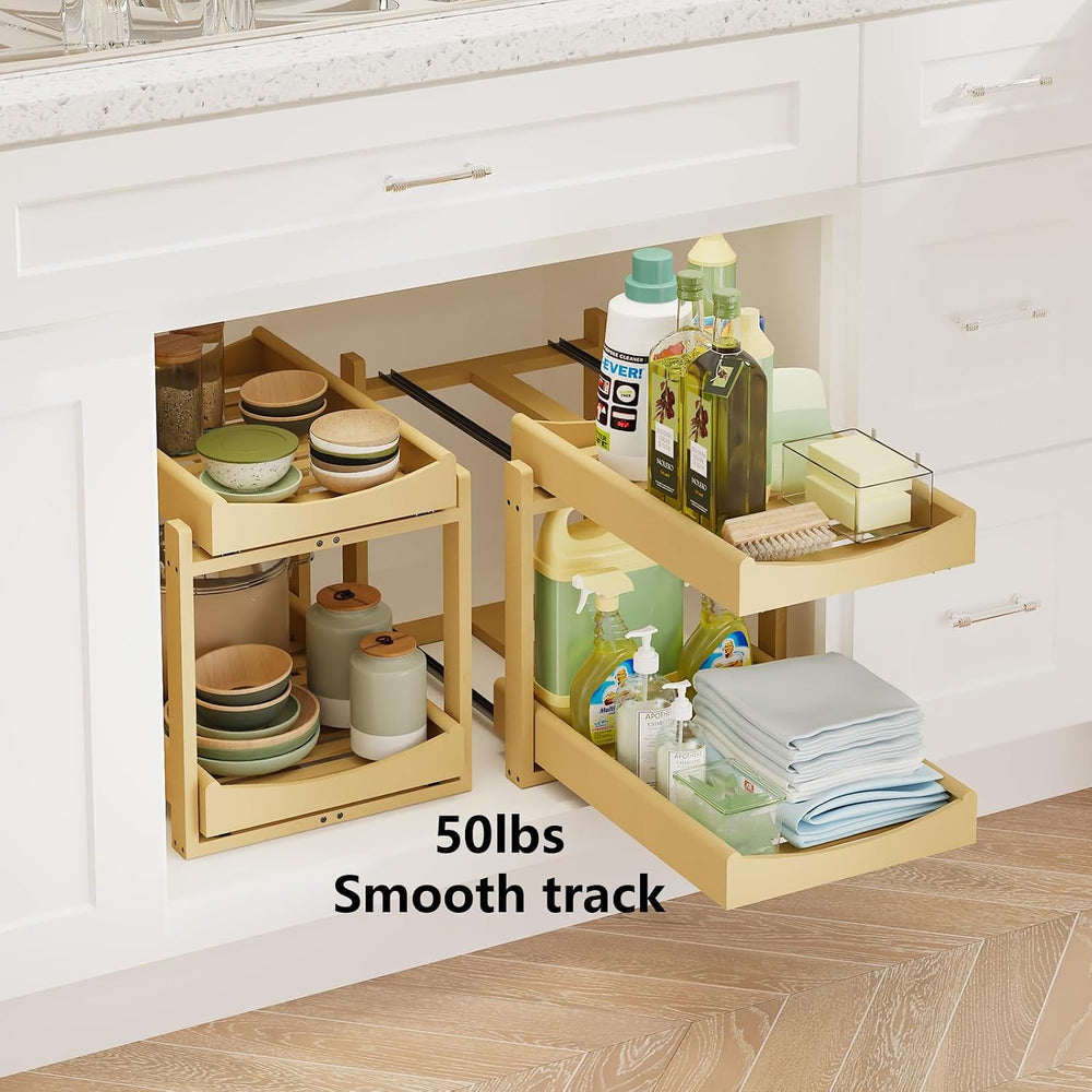 Bamboo Under Sink Organizer Adjustable Height 2 Tier Bathroom Organizer Pull ...