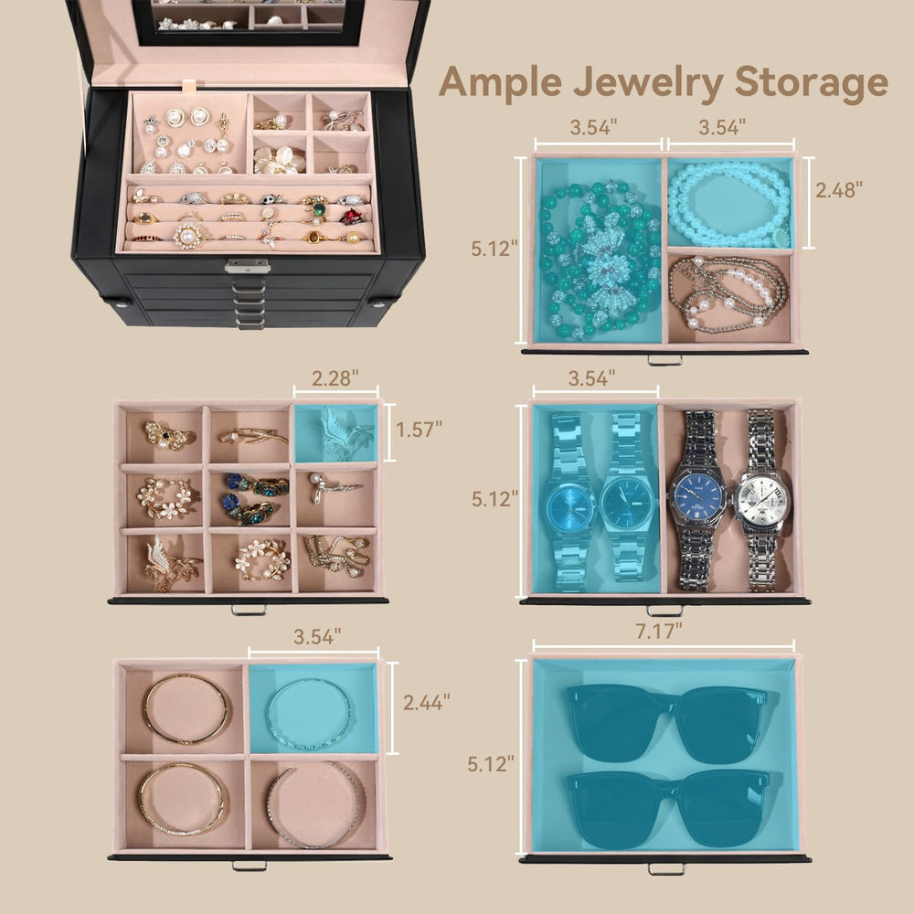 6-Layer Jewelry Boxes for Women with 5 Drawers and Necklace Storage