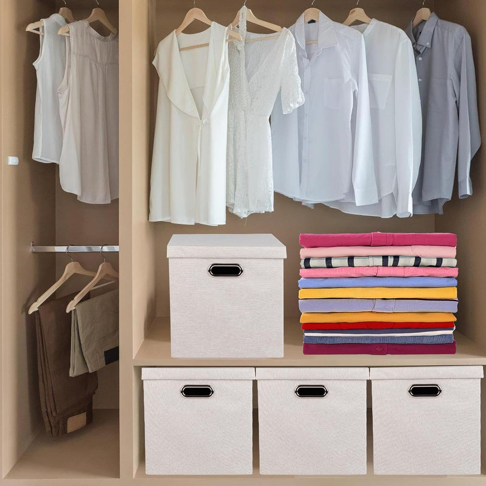 Storage Bins with Lids, Collapsible Linen Fabric Boxes Organizer Containers w...