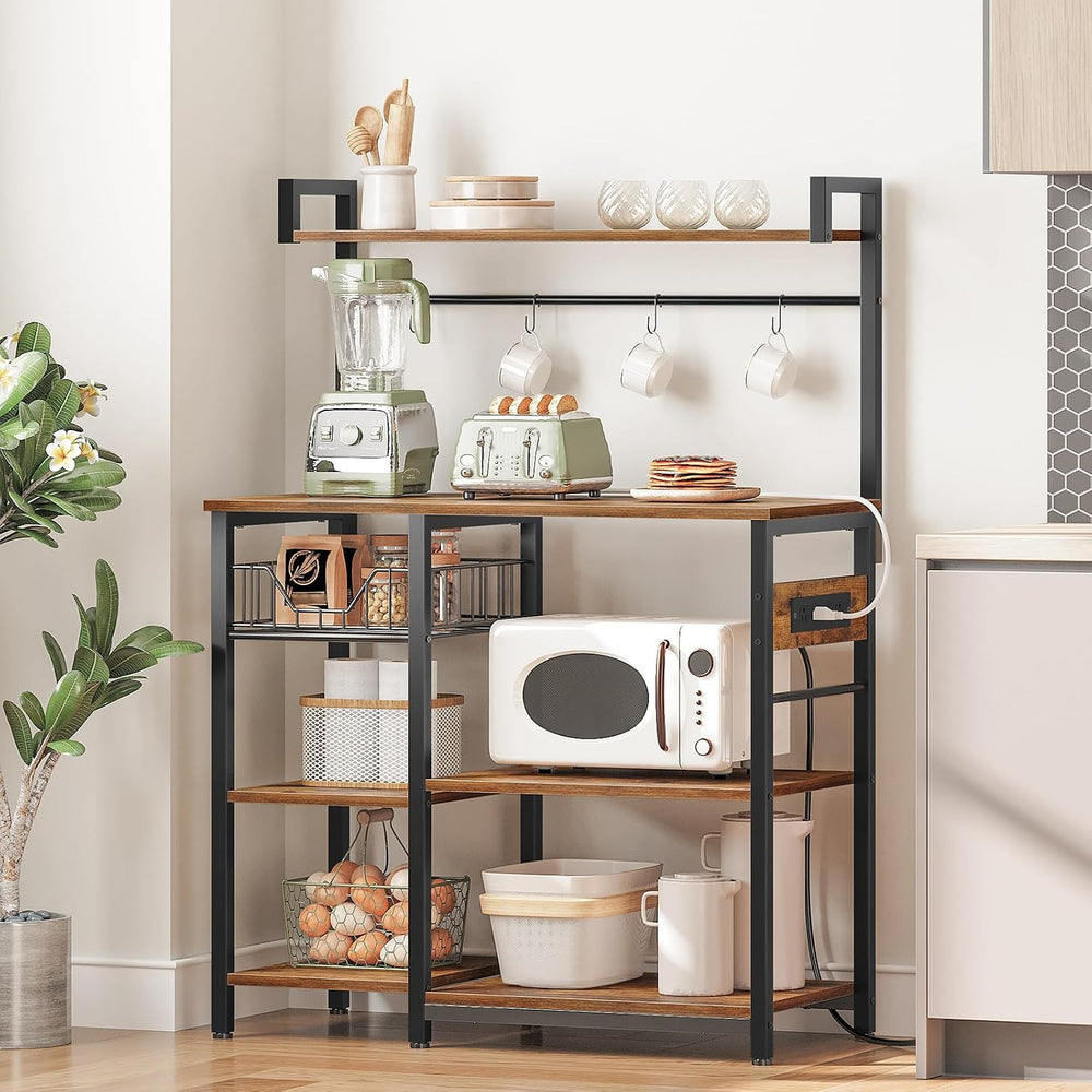 HOOBRO Bakers Rack with Power Outlet, 35.4 Inches Coffee Bar with Mesh Basket...