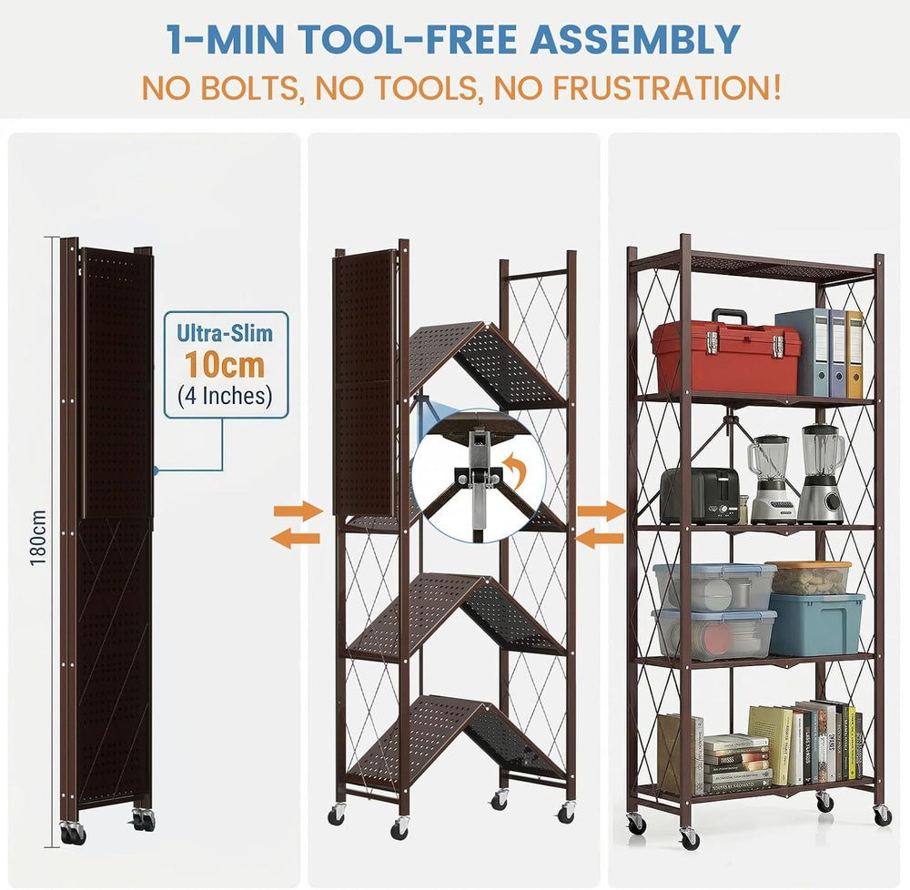 ALANNG 70.7" H Metal Storage Shelves, 5 Tier Folding Shelf on Wheels