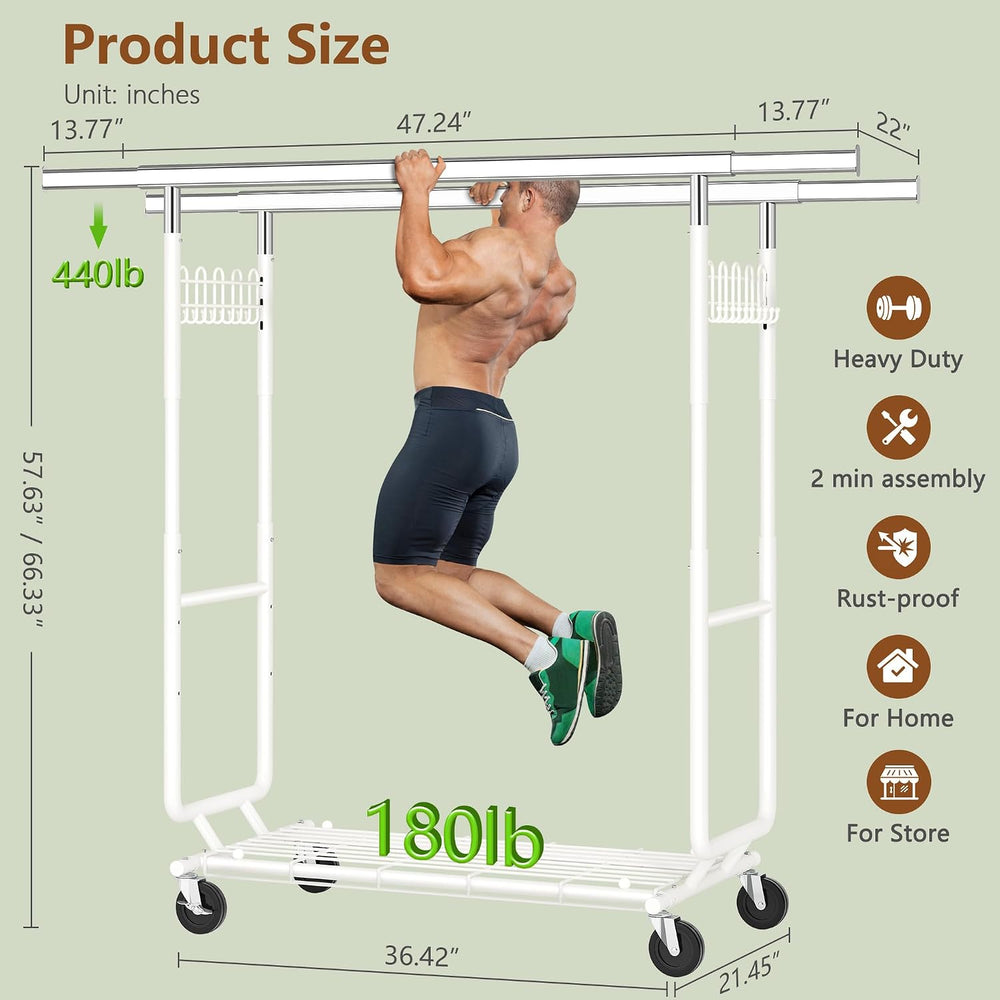 Hoctieon 2-Minute Assembly Double Rod Clothes Rack, Heavy Duty Rolling Clothi...