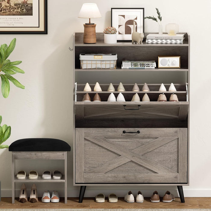 EOYUTLLY Shoe Cabinet with Bench, Shoe Organizer Cabinet with 2 Flip Drawers & Open Shelf, Narrow Shoe Storage Cabinet for Entryway, Freestanding Shoe Rack with Legs, Grey
