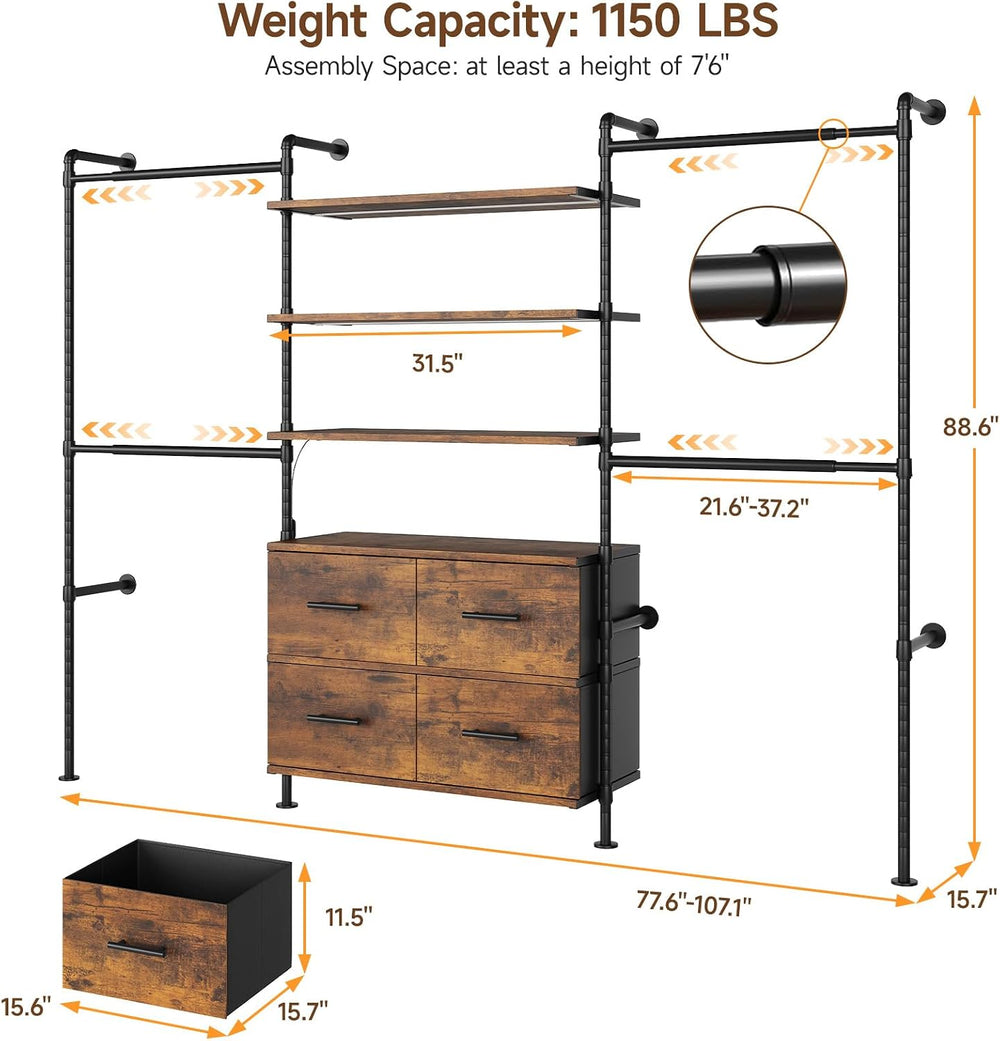 ONBRILL T4 Closet System with Stepless Dimmable LED Light, Rustic Brown