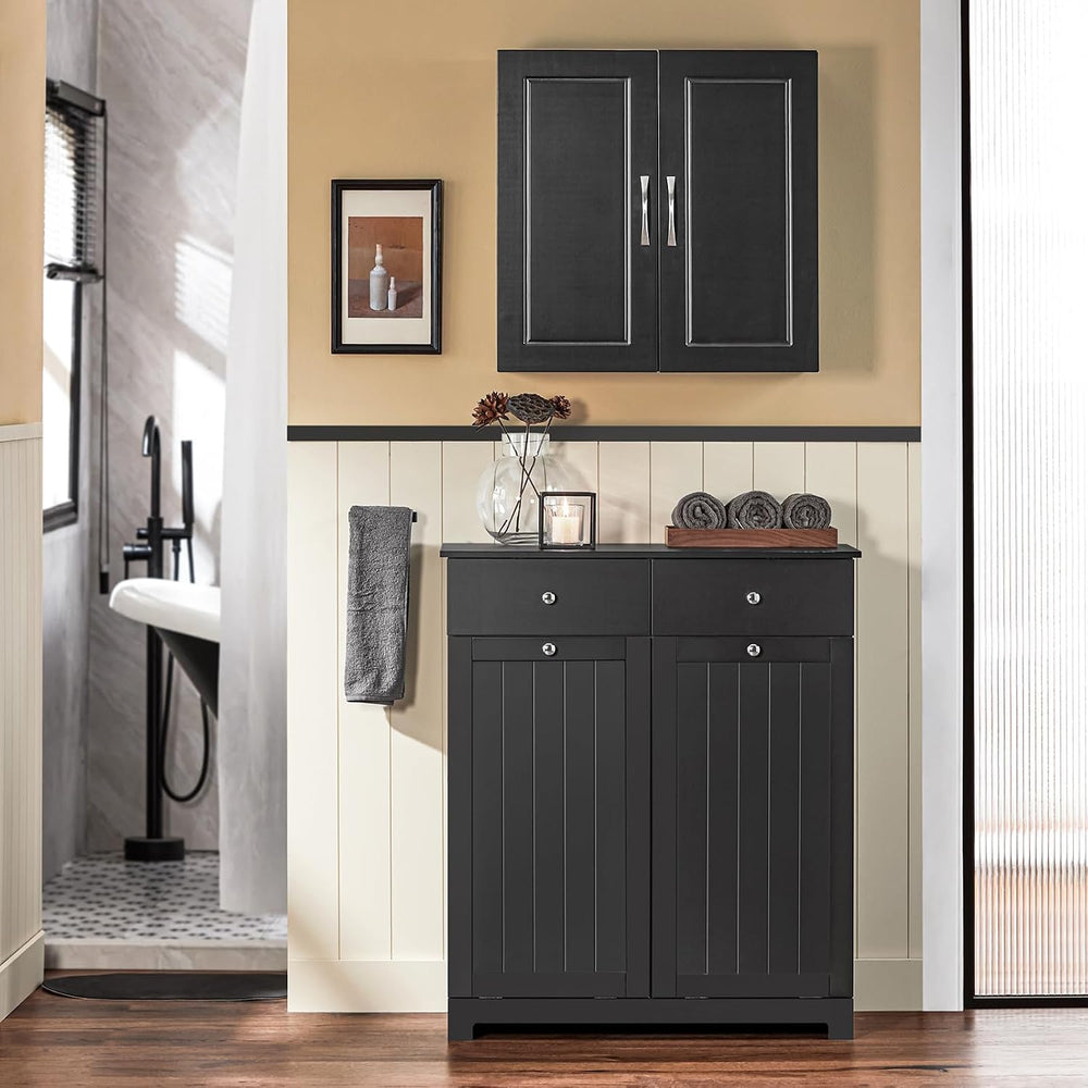Haotian Laundry Hamper Cabinet, 2 Baskets, 35.4 x 14.5 x 29.5 in, Black