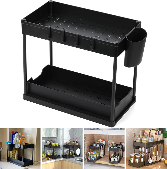 2 Tier Under Sink Organizer with Sliding Drawer, Pull Out Cabinet Storage Rack for Kitchen Bathroom Pantry, Multi Purpose Shelf with Removable Side Hooks and Hanging Cup, Tool Free Assembly