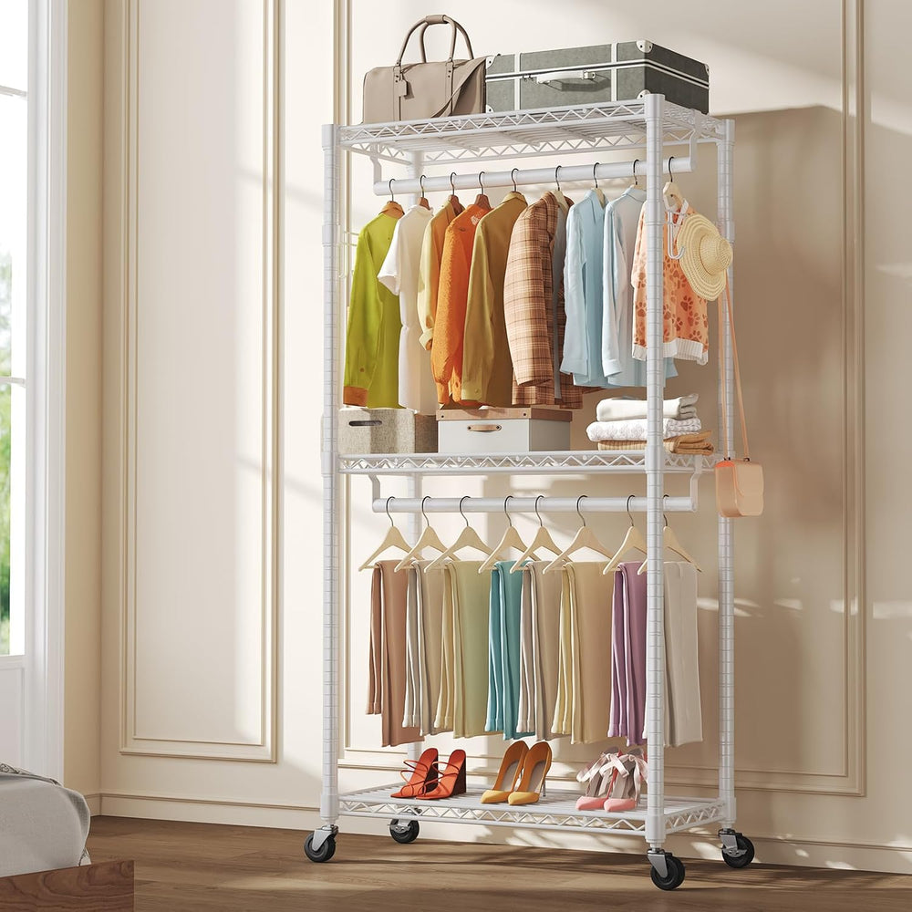 OLIXIS Rolling Clothes Rack, Heavy Duty Garment Rack, 35 IN, Metal White