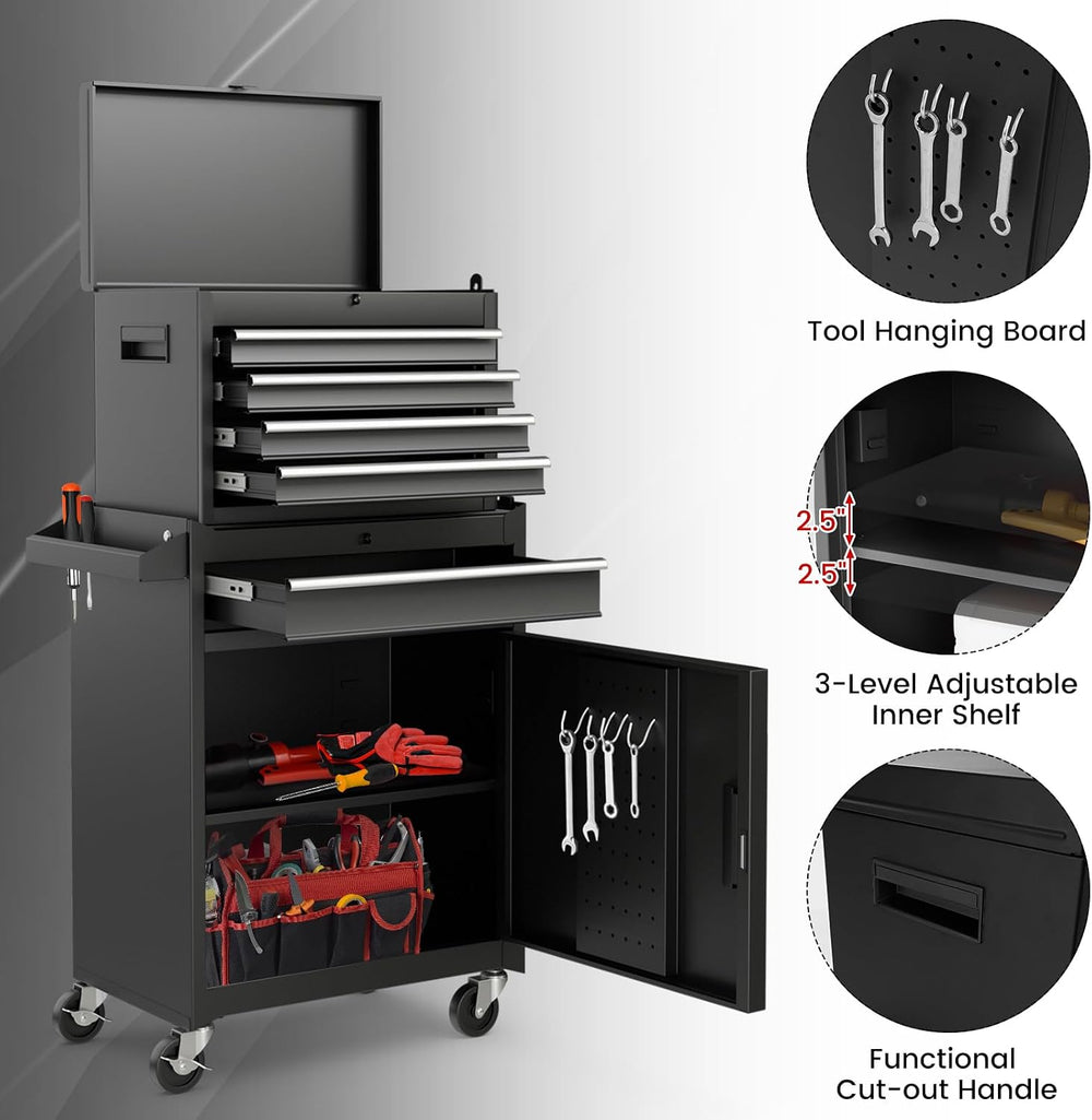 IRONMAX 2-in-1 Detachable Rolling Metal Tool Chest, 5 Drawers, Black