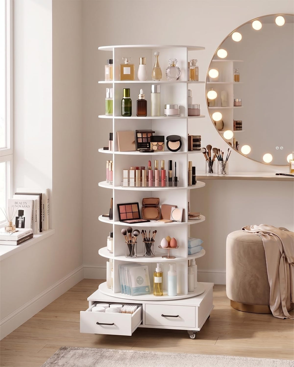 8 Tier Rotating Shoe Rack Contains 2 Drawers Shoe Tower Organizer