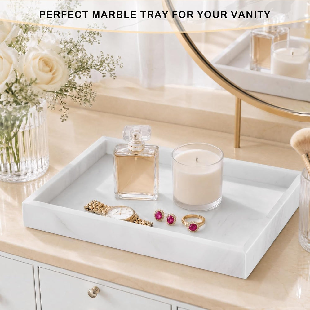 Bathroom Tray for Countertop, Marble Perfume Tray for Dresser Organizer, Marb...