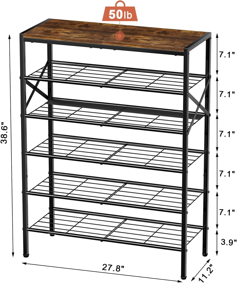 6 Tier Metal Shoe Rack with Wood Top, 18-24 Pairs
