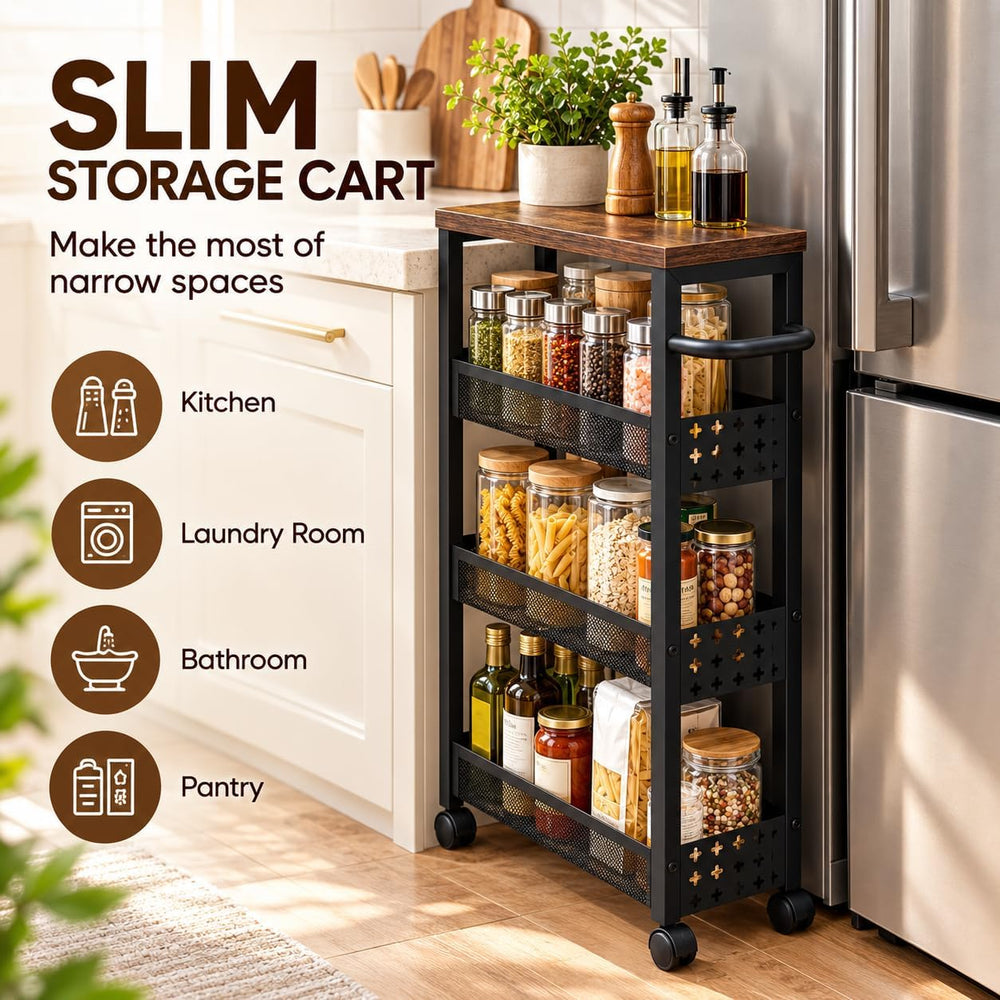 4-Tier Slim Rolling Storage Cart, 7.5" Narrow Utility Cart with Wheels