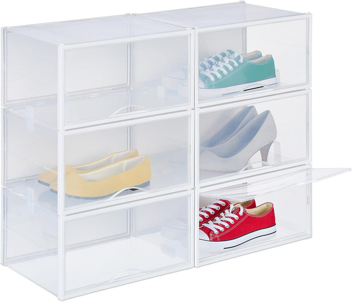 Relaxdays Shoe Boxes Set of 6 Shoe Organisers Stack Securely with Connectors for Shoes up to Size 48 Transparent
