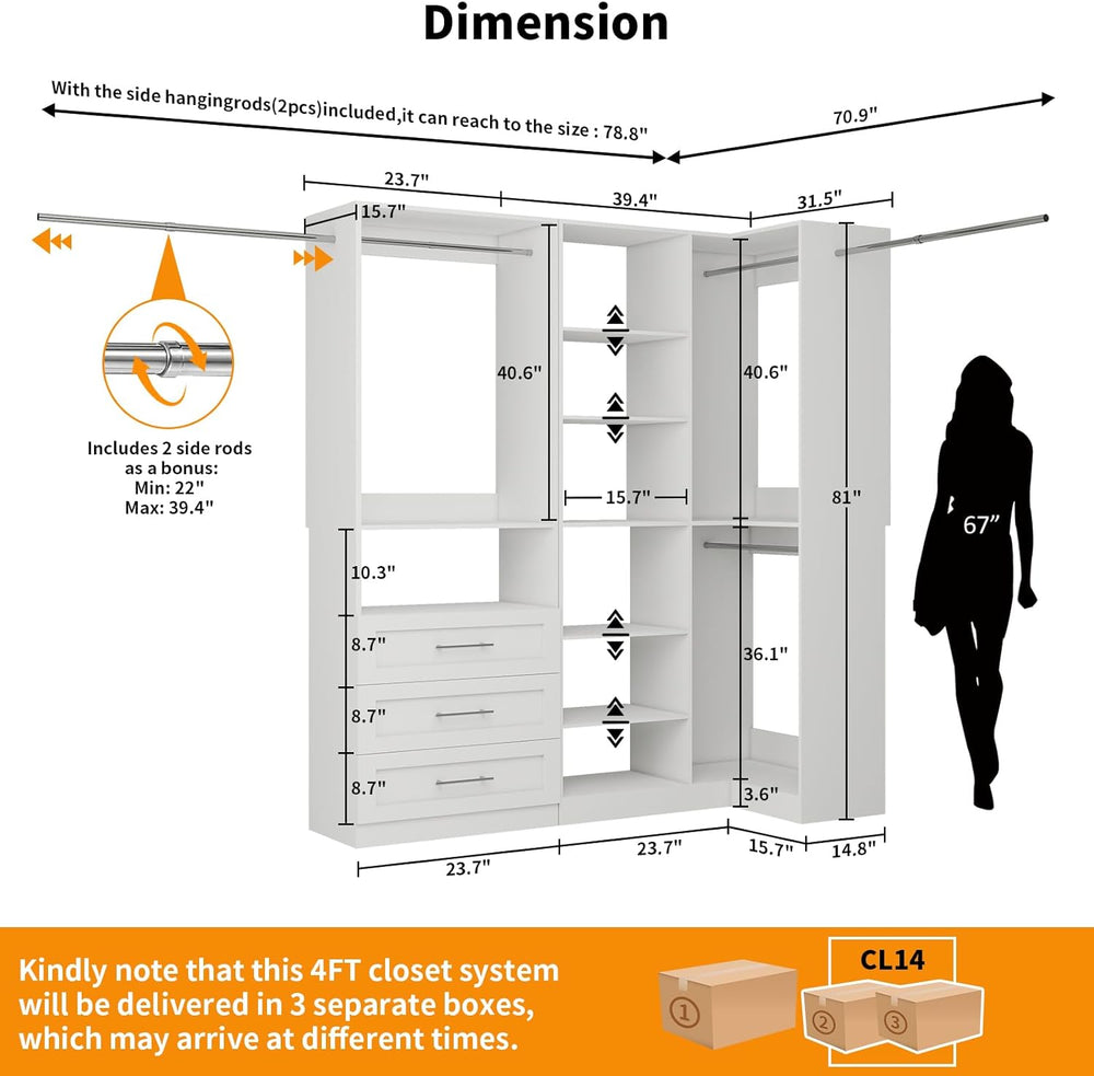 Closet System with 3 Drawers, Corner Closet Organizer Systems with 7 Shelves ...