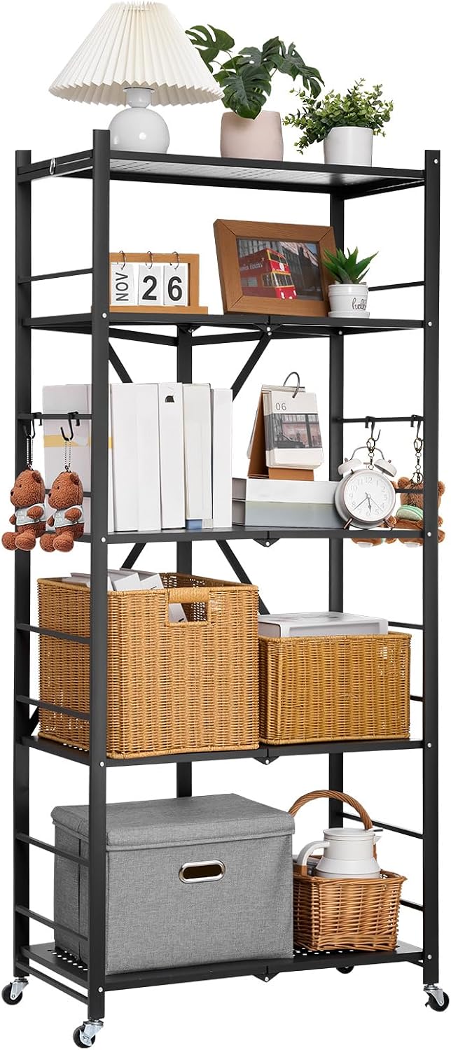 VEVOR 5-Tier Foldable Storage Shelf, 28W x 15D x 64H Inch Folding Metal Rack ...