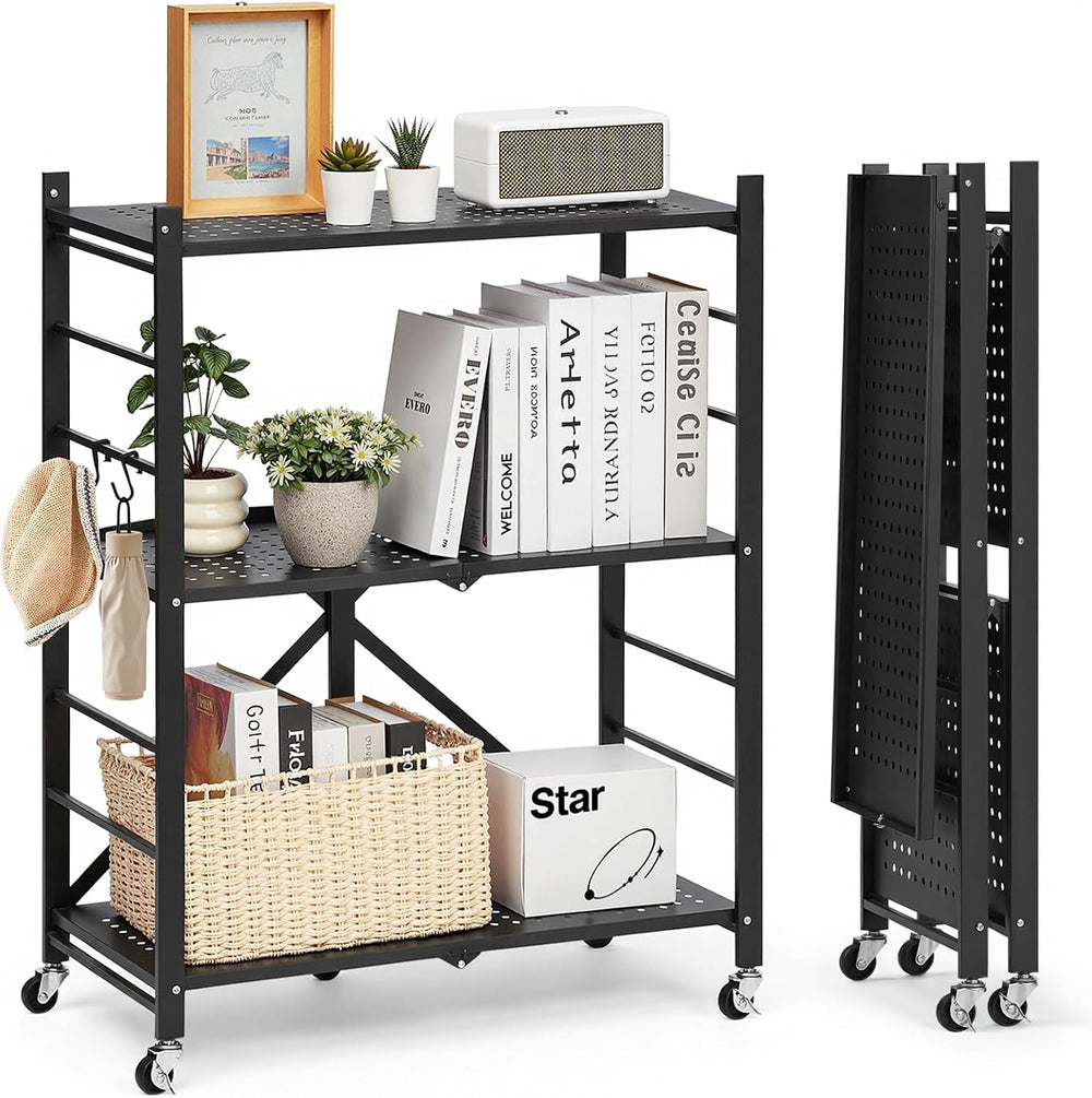 VEVOR 3-Tier Foldable Storage Shelf, 28W x 13D x 36H Inch Folding Metal Rack ...