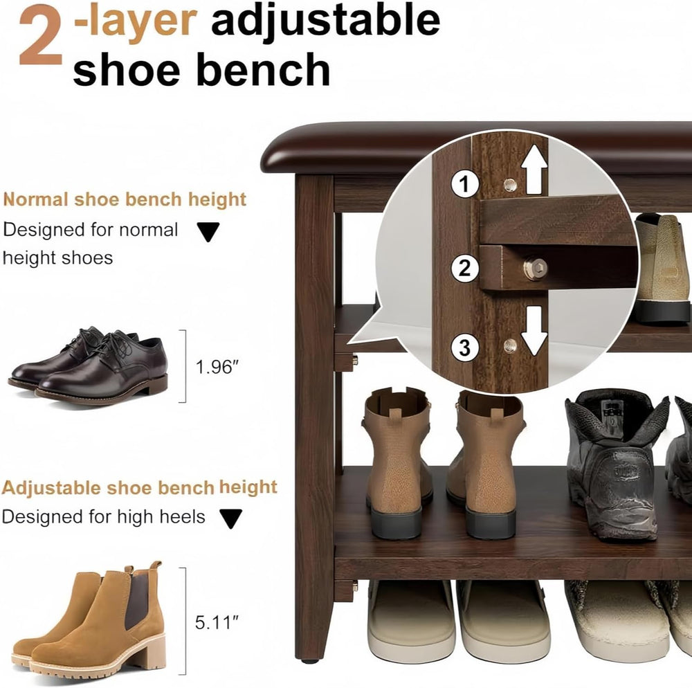Wooden Shoe Storage Bench with Leather Cushion, Dark Brown, 39.4"