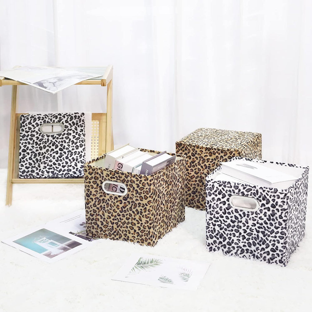 ANMINY Leopard Cheetah Print Storage Cubes Bins, Velvet, Brown, 11Inch 4PCS