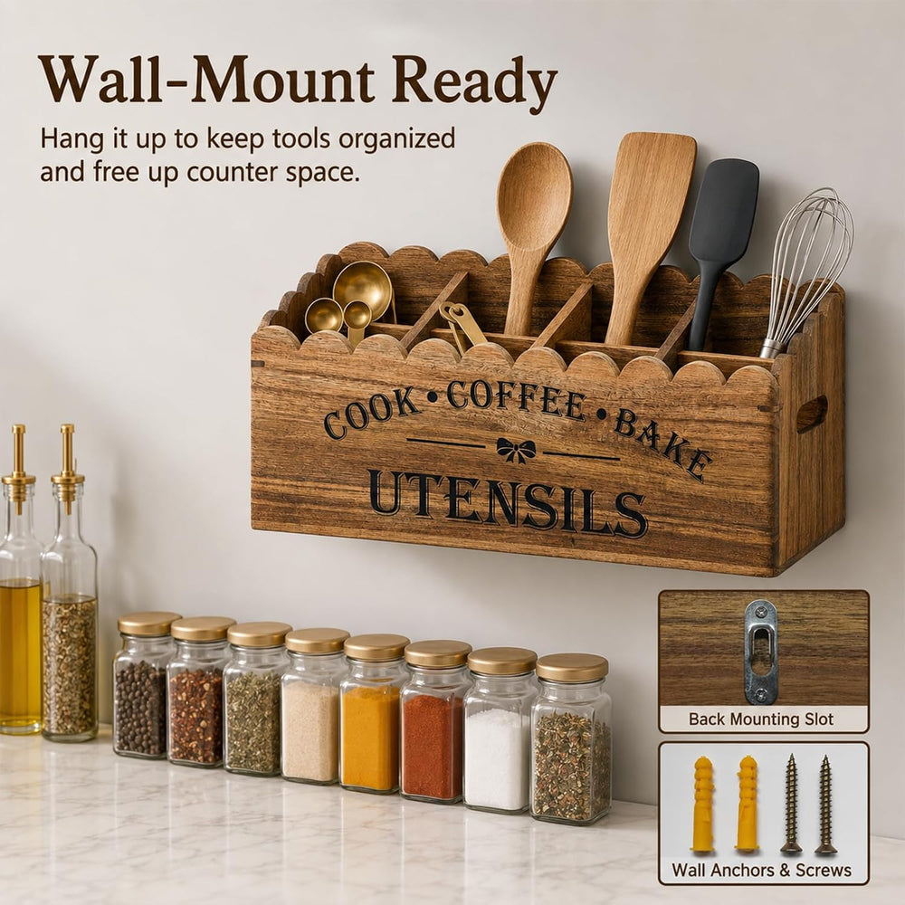 Acacia Wood Utensil Holder for Counter, 4-Compartment Organizer