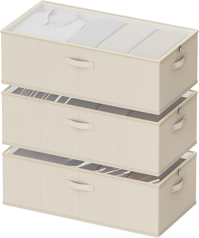 10inch 3 Pack Under Bed Storage Containers, 10 Inch Tall Underbed Clothes Storage Organizer Bin with Clear Window，Foldable Box Basket for Clothes, Closet, Bed Sheets and Blankets Beige