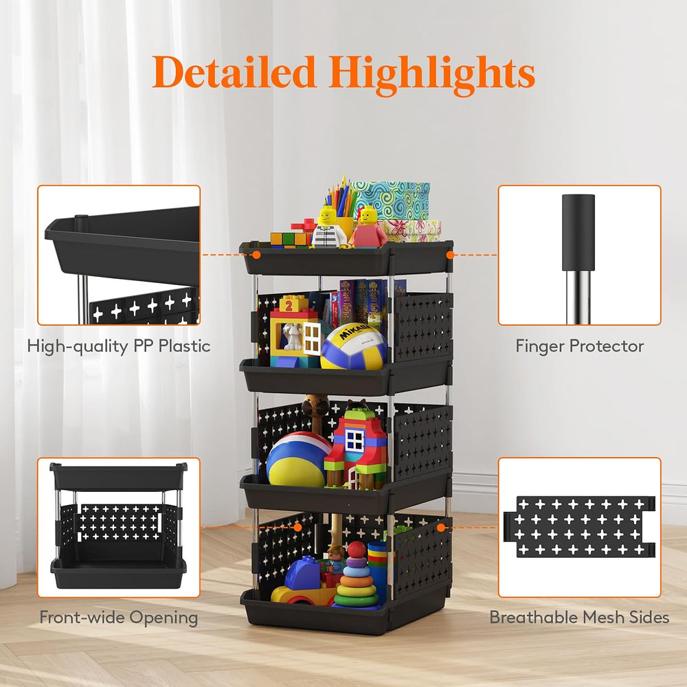 Lifewit 4 Tier Plastic Stackable Storage Baskets for Clothes 1 Pack, Black