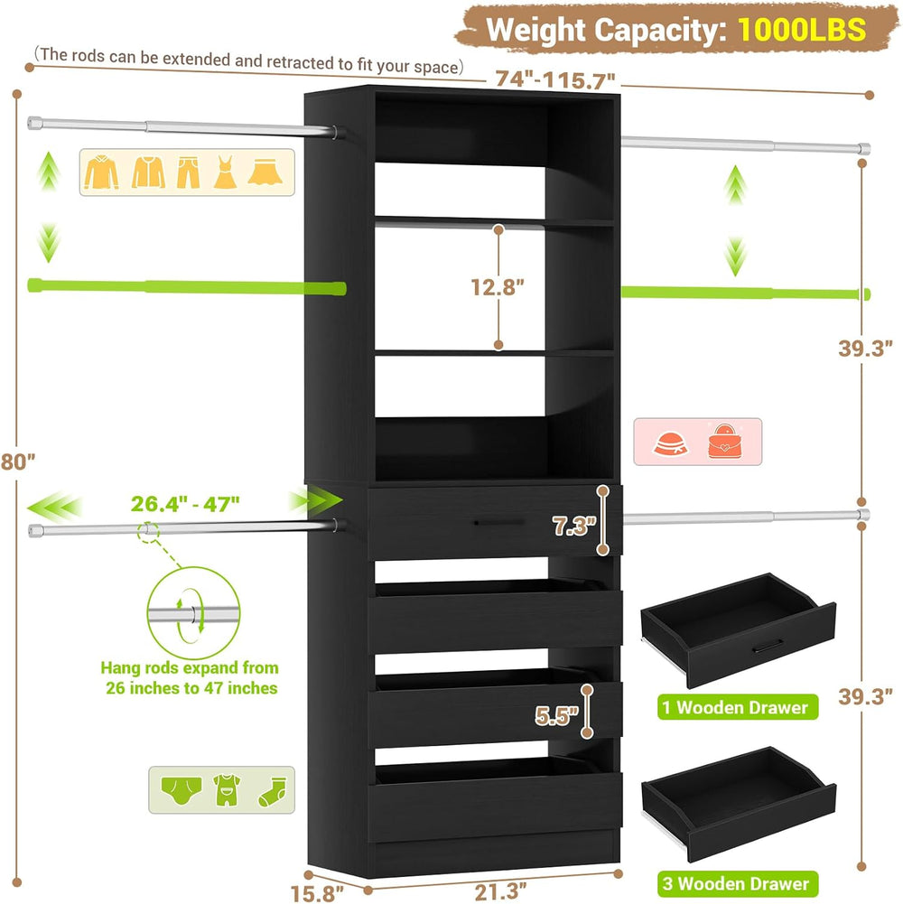 Aheaplus Closet System, 4-9Ft Closet Organizer with 4 Wooden Drawers, Black