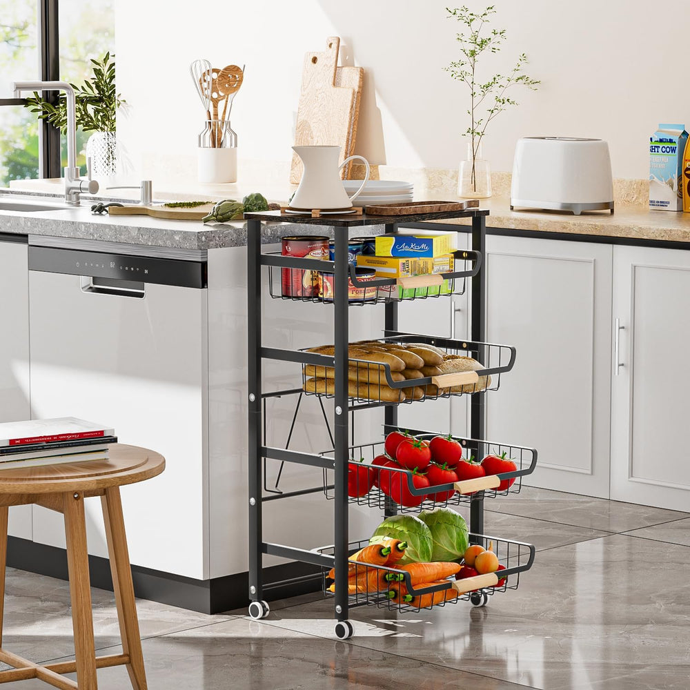 JAQ 5-Tier Fruit Vegetable Storage Cart with Wood Top, Rolling Kitchen Basket...