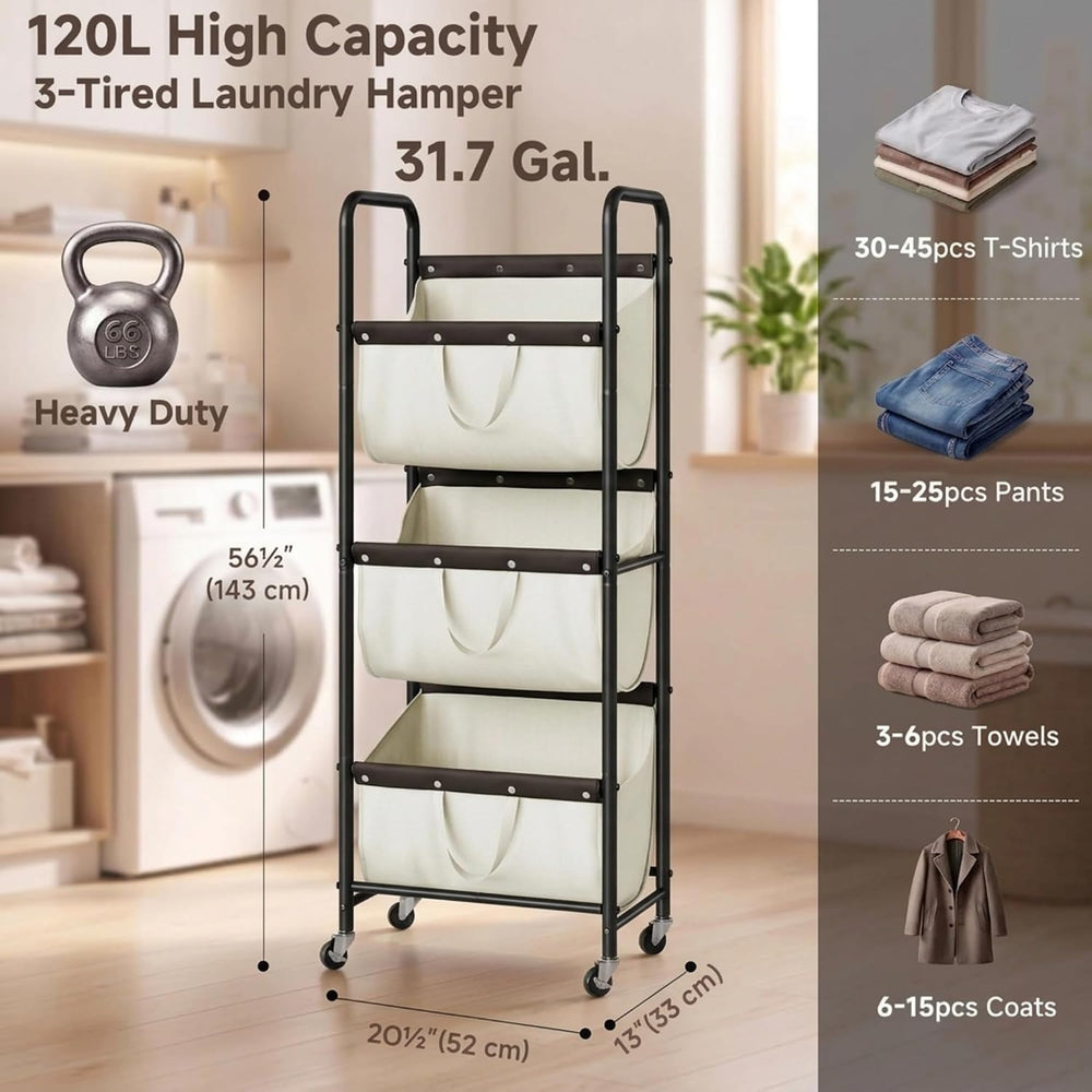 StorageWorks 3 Tier Laundry Hamper Sorter, Rolling Laundry Basket on Wheels