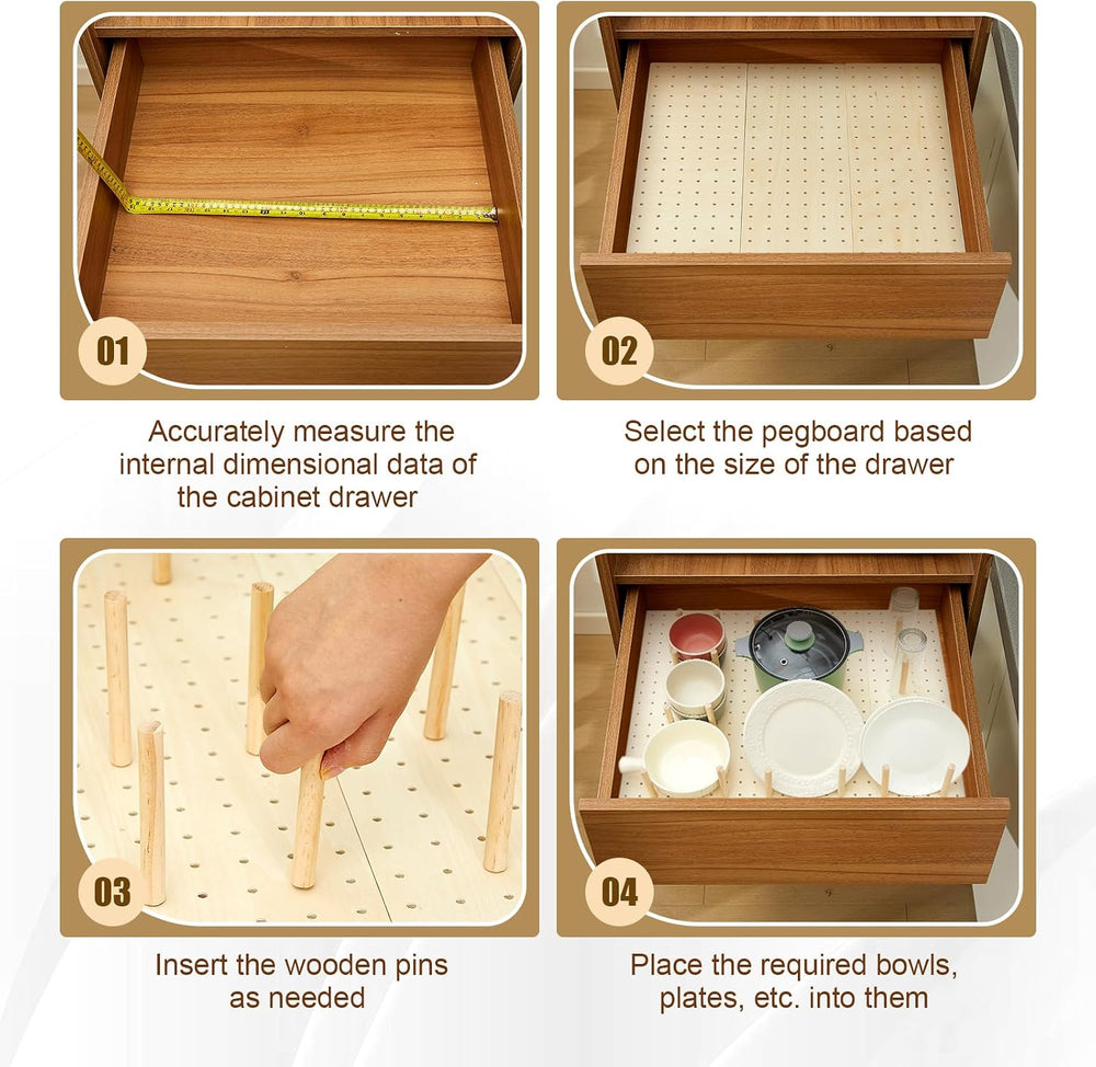 3 Pcs Wood Pegboard Drawer Organizer, Natural Wood, 21 x 5.91 Inch, Pine