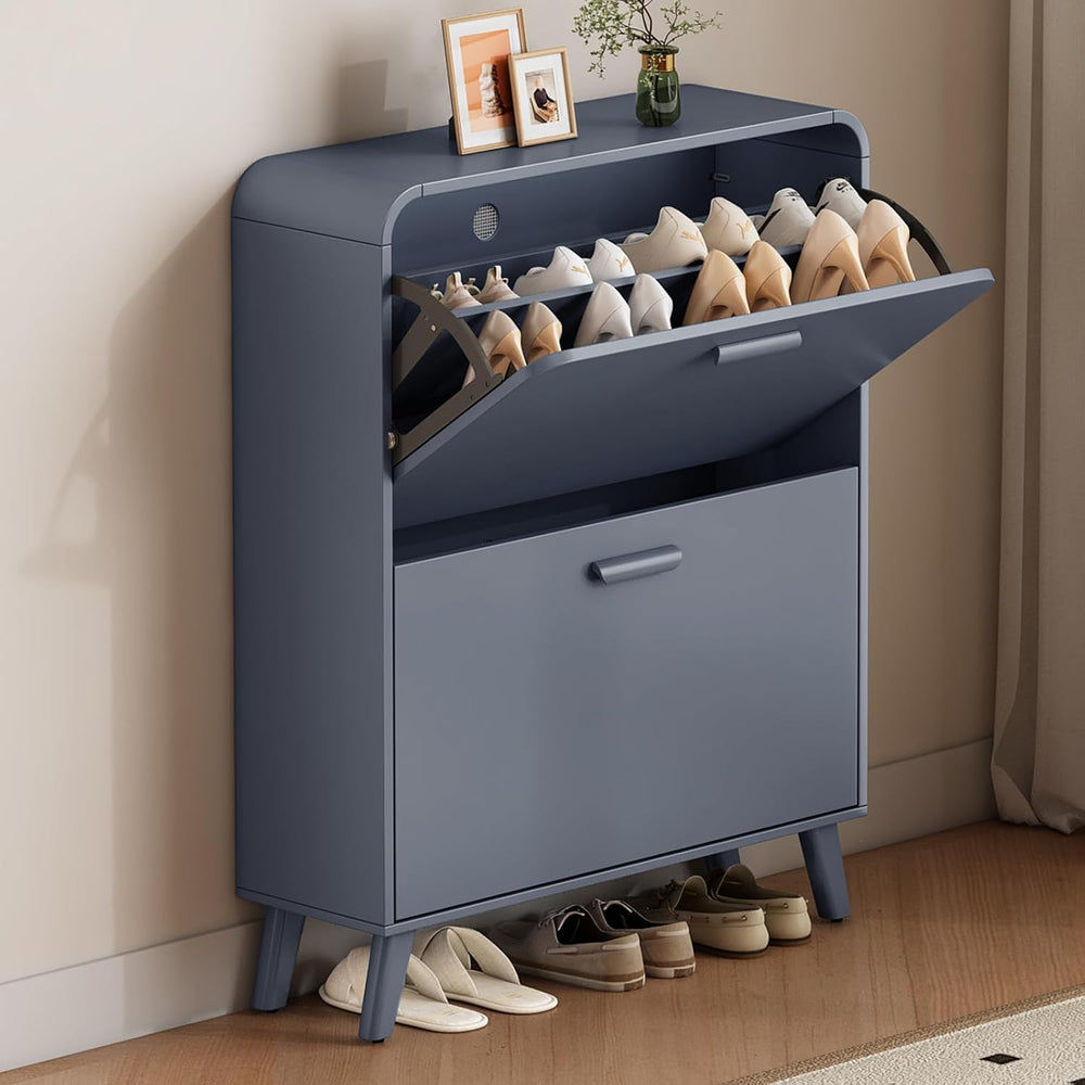2 Tier Slim Shoe Cabinet with Flip Drawers, Entryway Shoe Storage
