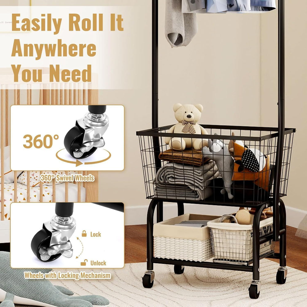 ALIMORDEN Rolling Laundry Cart with Hanging Rack & Metal Basket, Black