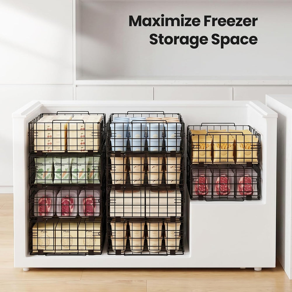 Reinforced Freezer Organizer Bins, 4 Pack Heavy Duty Metal Freezer Baskets, S...
