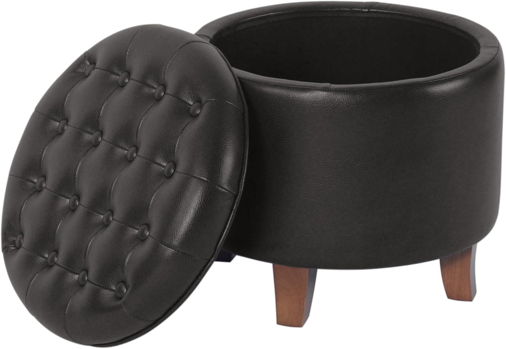 HomePop 19" Faux Leather Button Tufted Round Storage Ottoman - Black