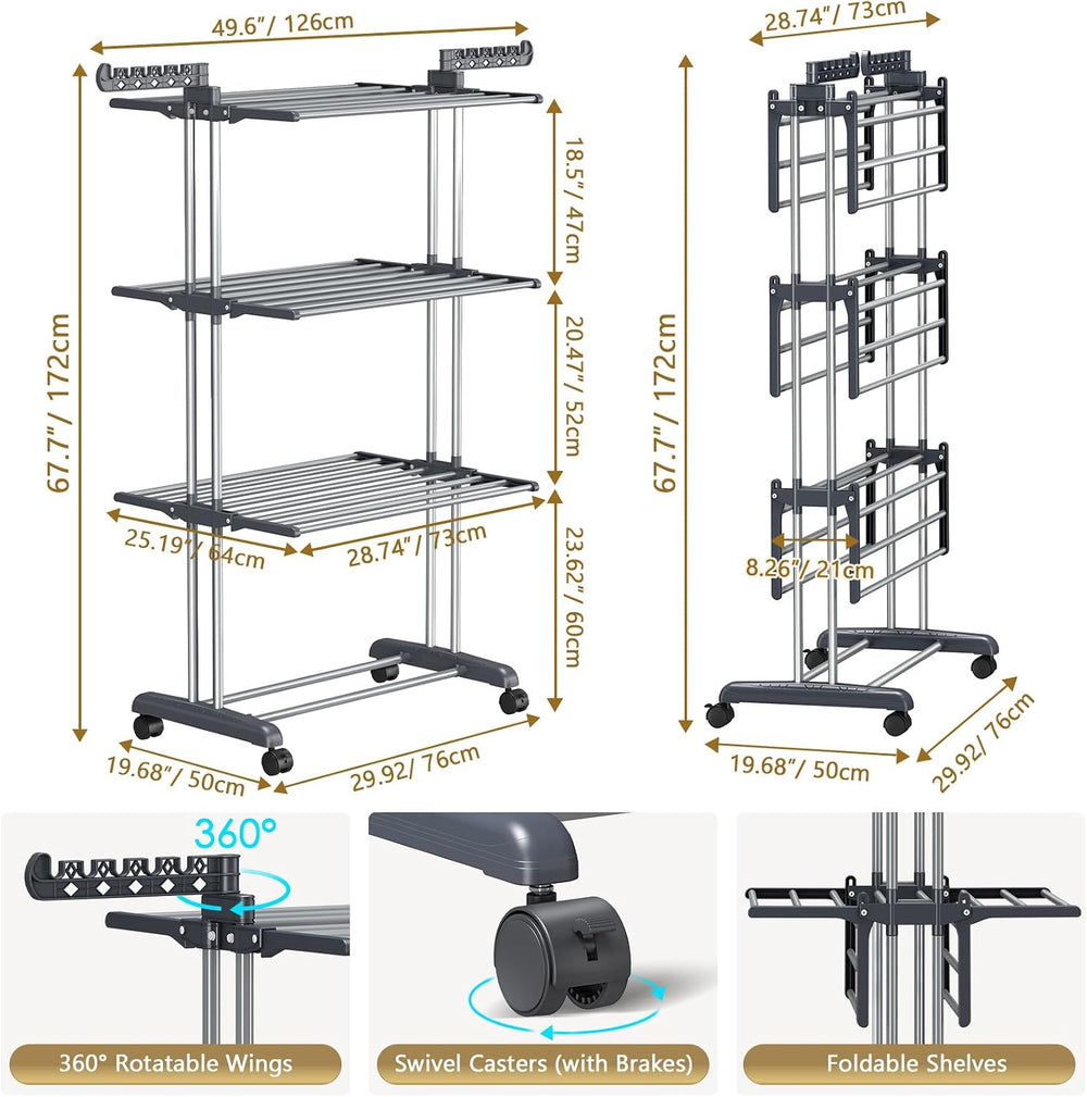 Upgraded 4-Tier Clothes Drying Rack, Drying Rack Clothing with Wheels