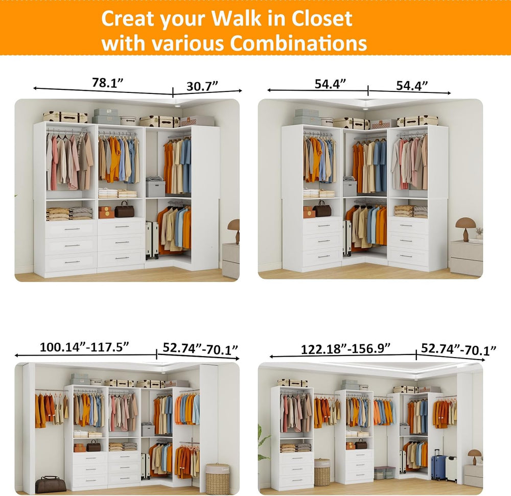 Closet System with 6 Wooden Drawers, 6.5-16FT Corner Closet Organizer System ...