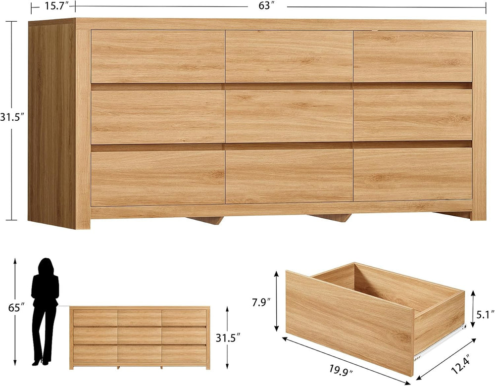 TEENFON 63" Dresser for Bedroom with 9 Drawers, Modern Dressers & Ch...