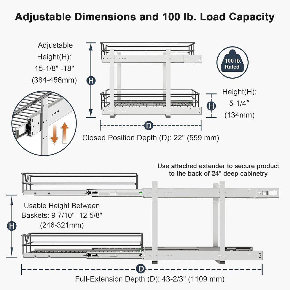 2 Tier Pull Out Cabinet Organizer - 23" W x 22" D Soft Close Slide ...