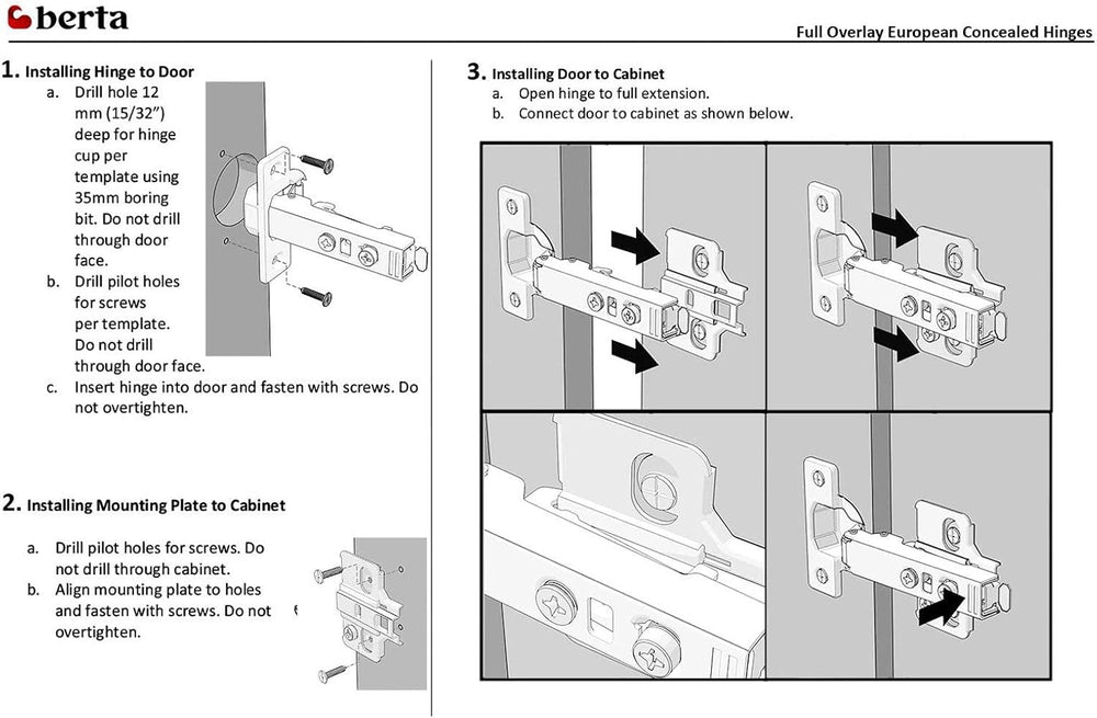 Berta, 100-Pack Full Overlay 110° Soft-Close Frameless Cabinet Hinges