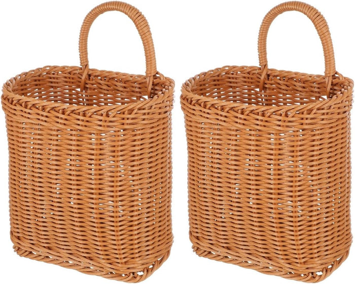 Zerodeko Handmade Wicker Hanging Basket 9.64X6.10X8.66 Inch Natural Wall Storage Organizer with Handle for Kitchen Garlic Vegetables Bathroom