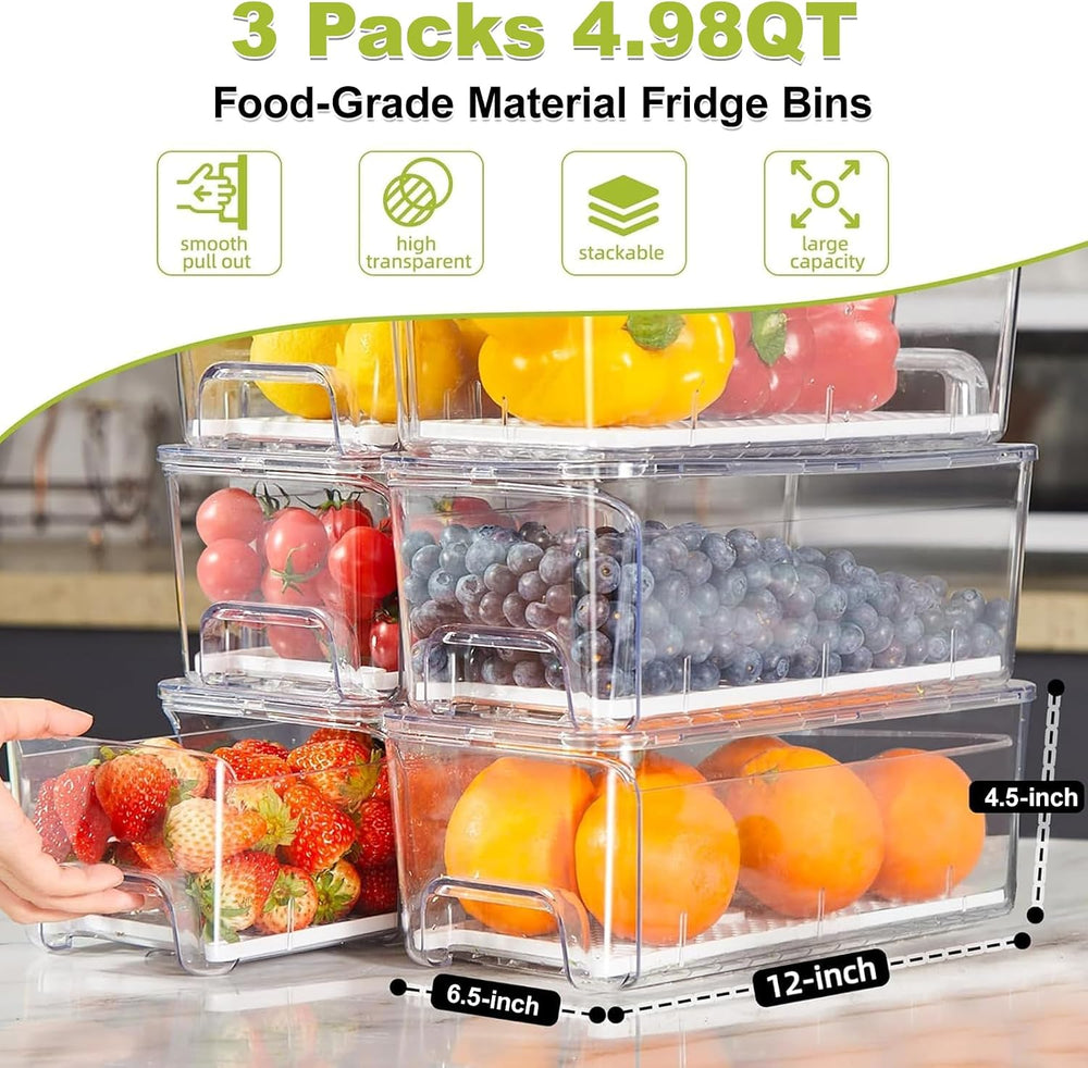 3-Pack Fridge Organizers and Storage, Stackable Refrigerator Bins