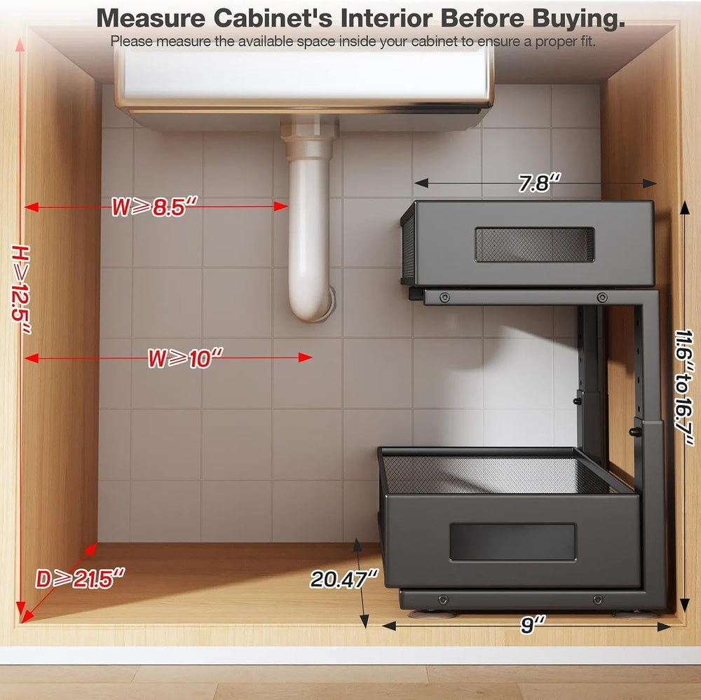 2 Packs 21IN Depth Under Sink Organizer, 2-Tier Pull Out Cabinet Organizer Wi...