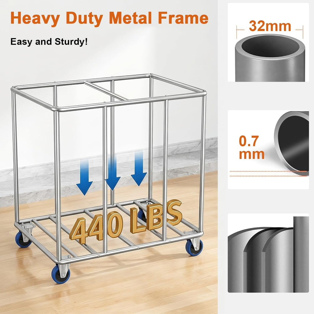 Commercial Laundry Cart with Wheels, 400L 2-Section Industrial Rolling Laundr...