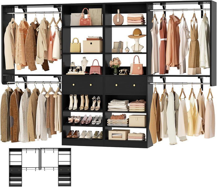 [10 FT Closet System] 120 Inch Reversible Set of 2 Wood Closet Organizer System with 2 Drawers, 4 Hanging Rods Adjustable Shelf, Walk In Closet Organizers with Shoe Rack, Garment Rack, Black
