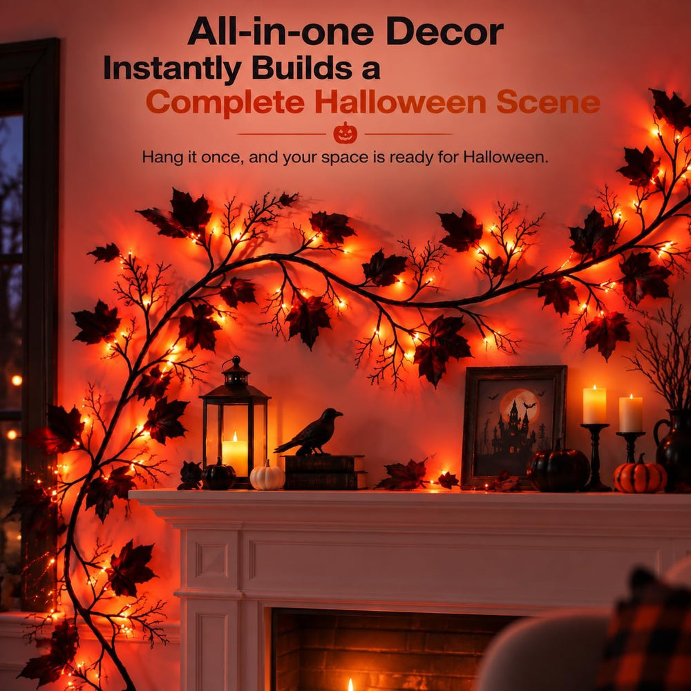Halloween Garland with Orange Lights, 9 FT Black Maple Leaves, 72 LEDs