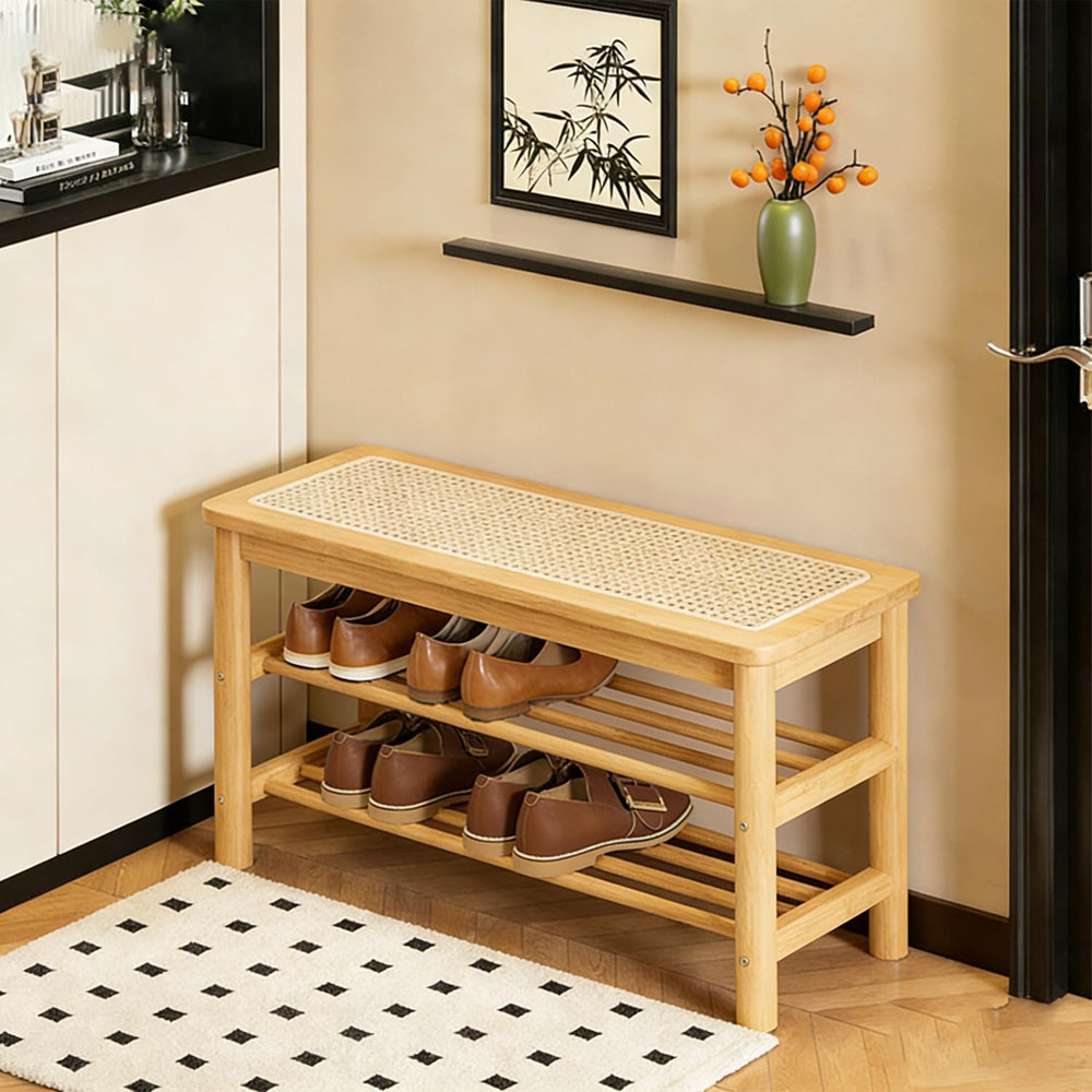latifolia Shoe Rack Bench, 3-Tier Bamboo Shoe Bench with Breathable Rattan Se...