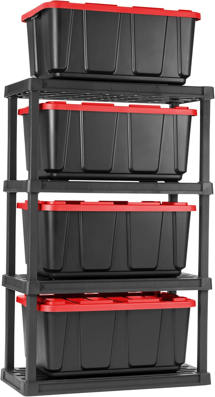 IRIS USA 4-Tier Heavy Duty Plastic Shelving Unit and Heavy Duty Storage Tote Bins, Modular Shelf Garage Rack Organizer + (4-Pack) 27 Gallon Storage Containers